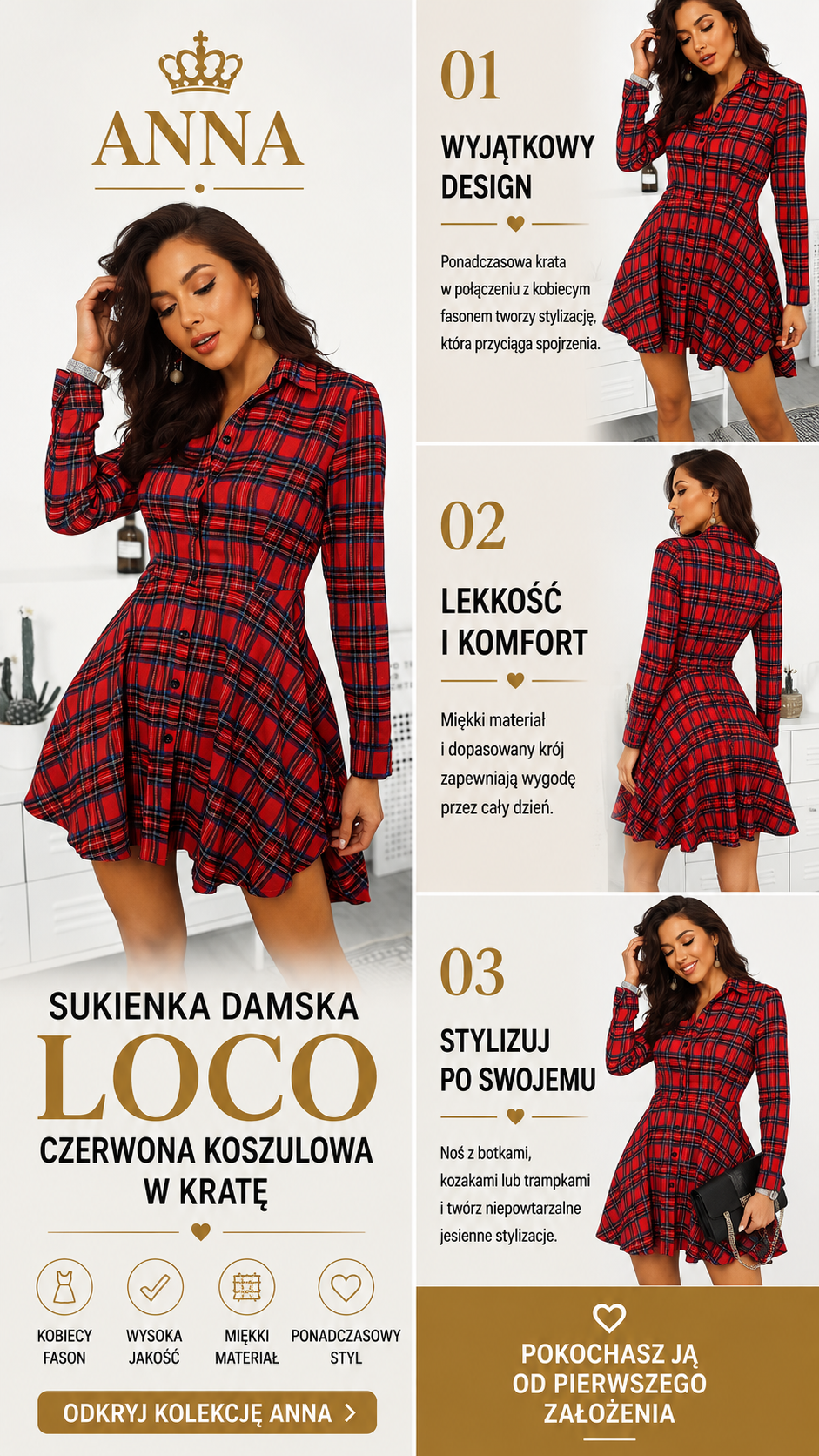 SUKIENKA DAMSKA LOCO - CZERWONA KOSZULOWA W KRATĘ 💖